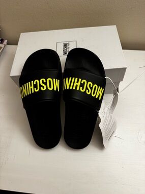 Moschino Black Slides with Neon Yellow Logo Accents